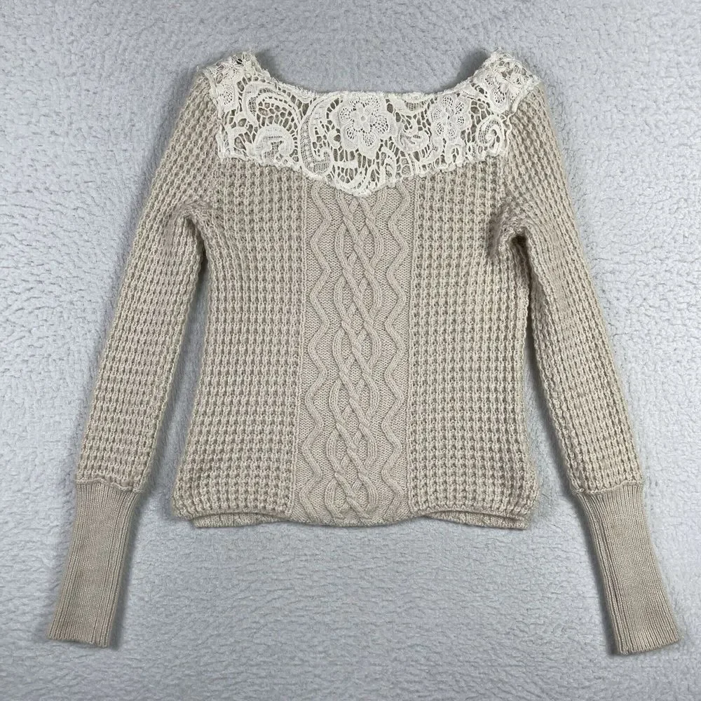 Free People Sweater Womens XS‎ Cream Cable Knit Lace Embellished Scoop Neck